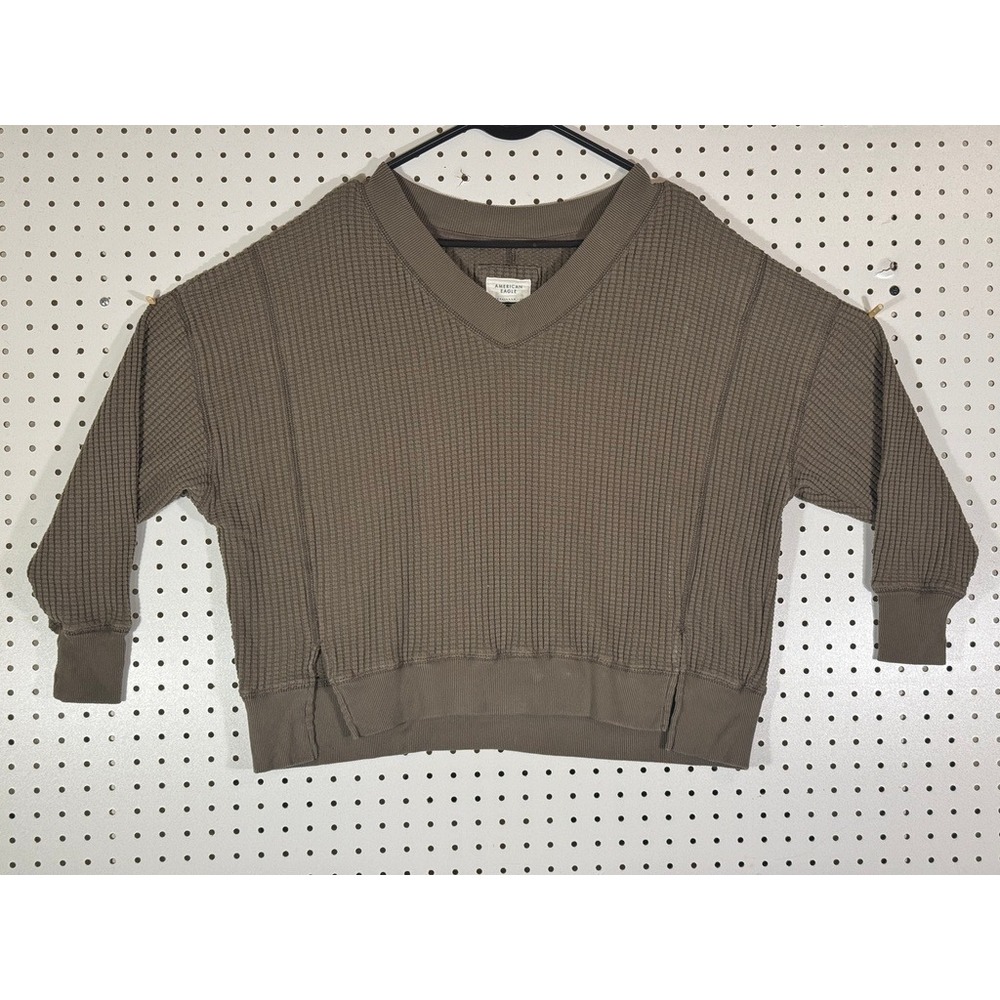 American Eagle Women XS Waffle Knit V-Neck Sweatshirt Brown Oversized Thermal